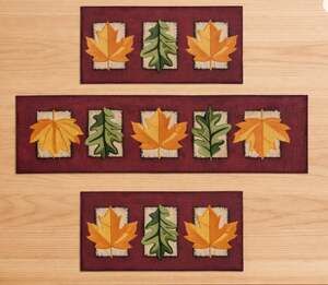 Fall Leaves Thanksgiving Table Runner 2 Placemats Tapestry Maroon Gold Green